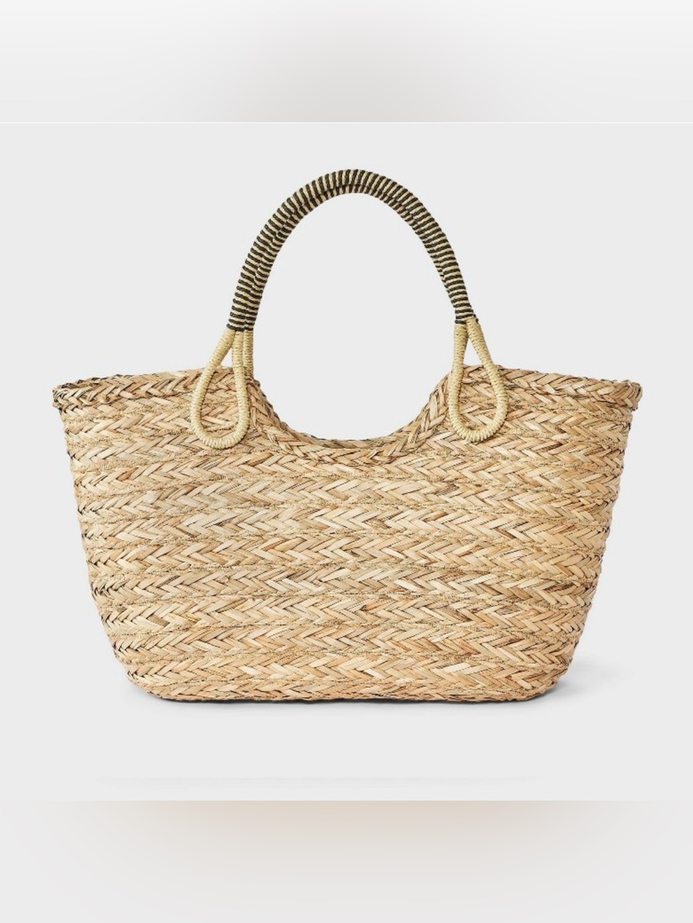 Brand new Natural Woven Straw Tote Bag with Black-Striped Handles 💛